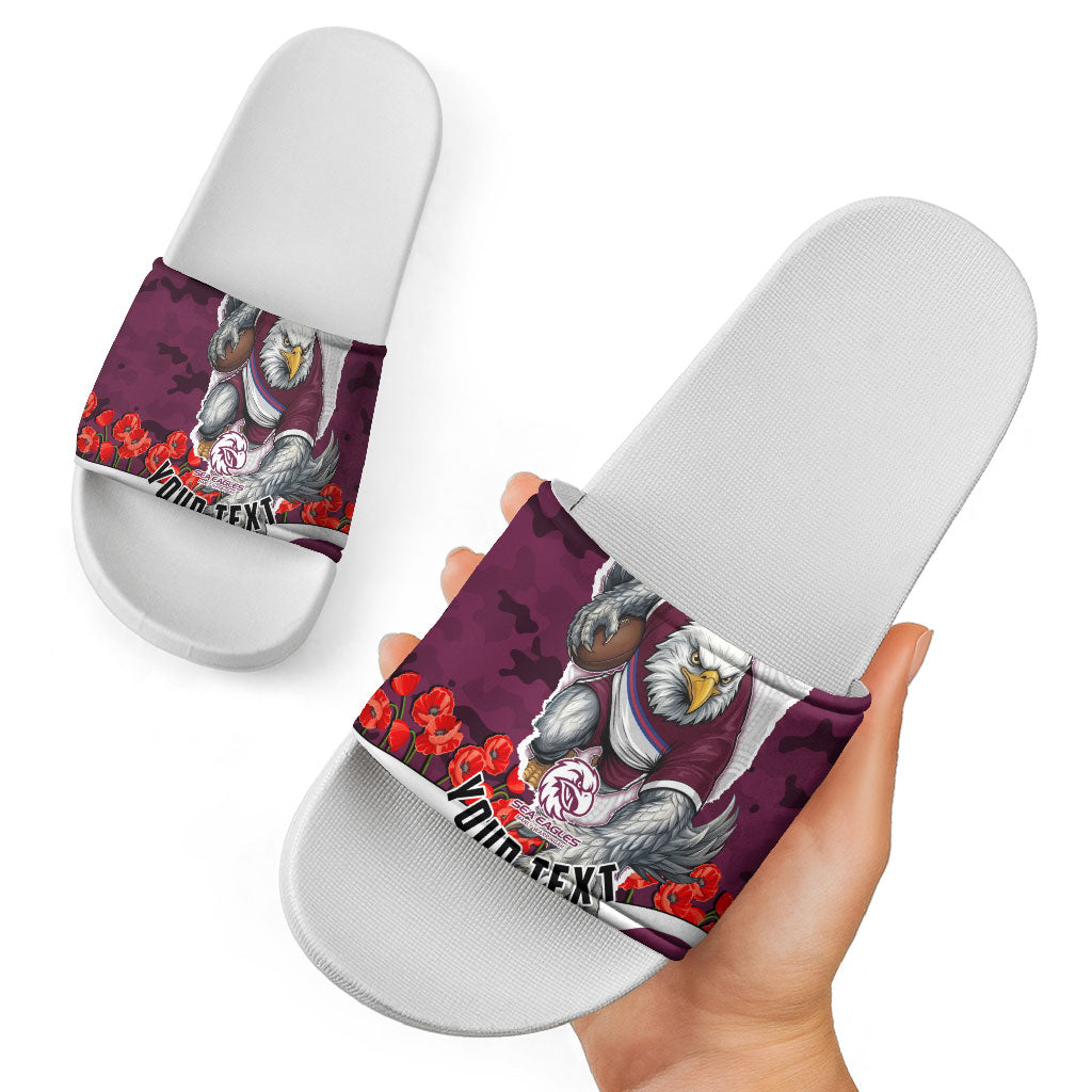 Personalized Sea Eagles ANZAC Tribute Slide Sandals Poppy Field Soldier Silhouette Aboriginal Rugby Mascot