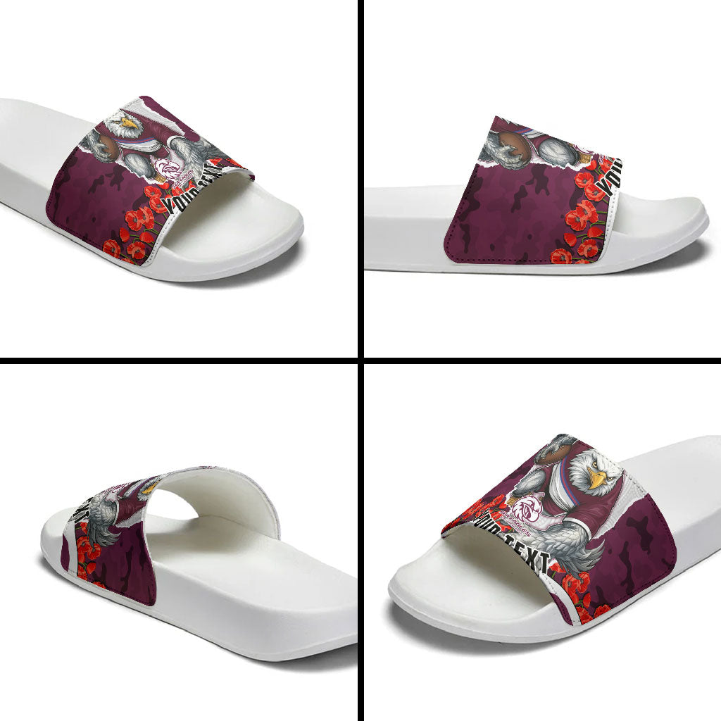 Personalized Sea Eagles ANZAC Tribute Slide Sandals Poppy Field Soldier Silhouette Aboriginal Rugby Mascot