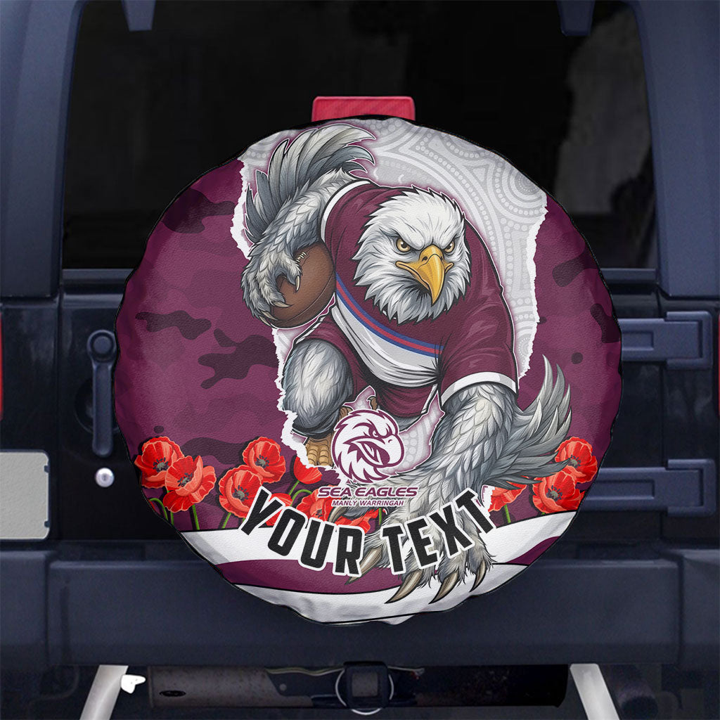Personalized Sea Eagles ANZAC Tribute Spare Tire Cover Poppy Field Soldier Silhouette Aboriginal Rugby Mascot