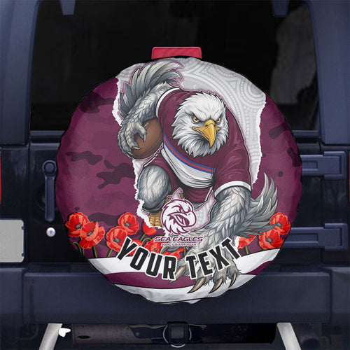 Personalized Sea Eagles ANZAC Tribute Spare Tire Cover Poppy Field Soldier Silhouette Aboriginal Rugby Mascot