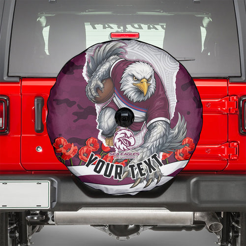 Personalized Sea Eagles ANZAC Tribute Spare Tire Cover Poppy Field Soldier Silhouette Aboriginal Rugby Mascot