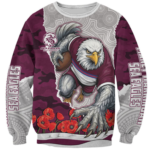 Personalized Sea Eagles ANZAC Tribute Sweatshirt Poppy Field Soldier Silhouette Aboriginal Rugby Mascot