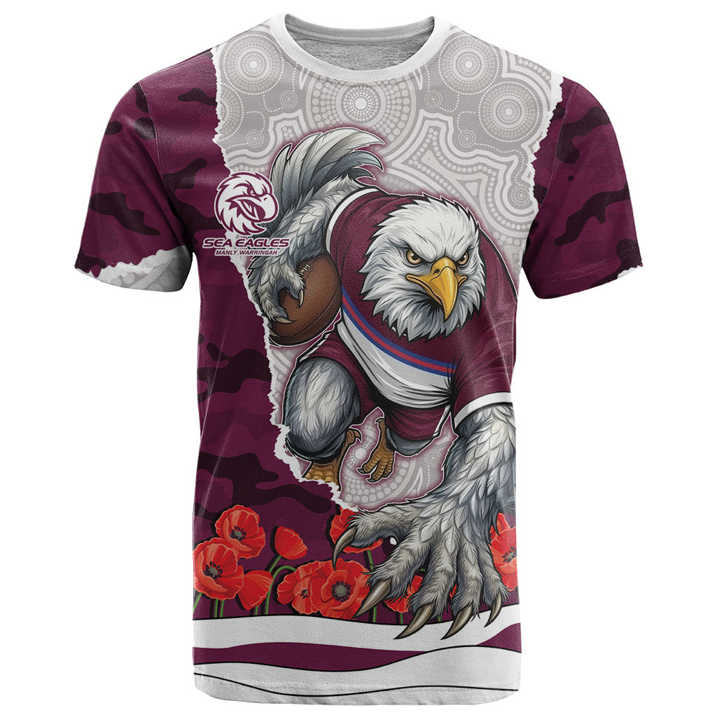 Personalized Sea Eagles ANZAC Tribute T Shirt Poppy Field Soldier Silhouette Aboriginal Rugby Mascot