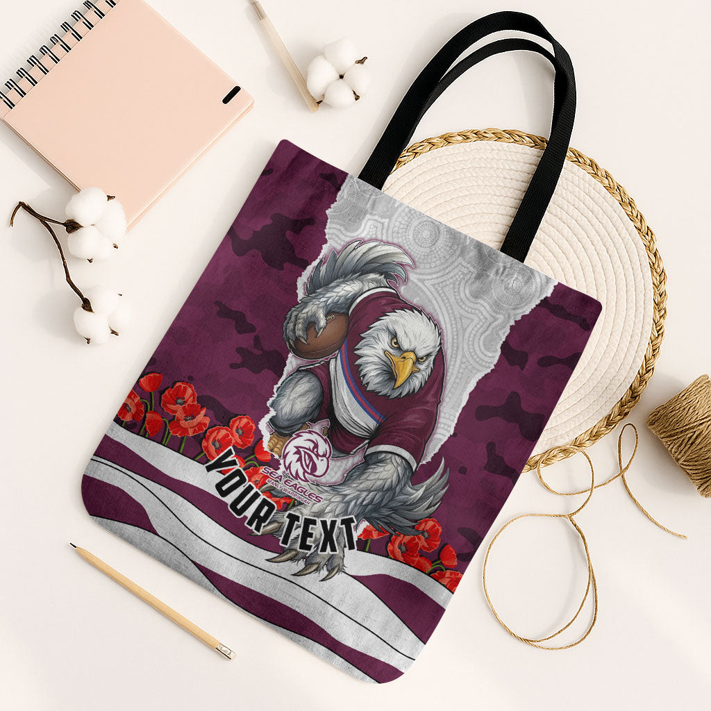 Personalized Sea Eagles ANZAC Tribute Tote Bag Poppy Field Soldier Silhouette Aboriginal Rugby Mascot