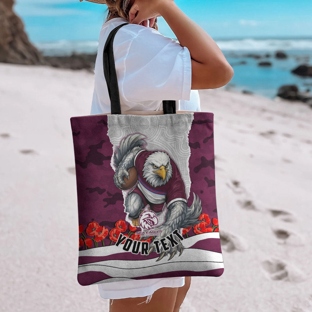 Personalized Sea Eagles ANZAC Tribute Tote Bag Poppy Field Soldier Silhouette Aboriginal Rugby Mascot