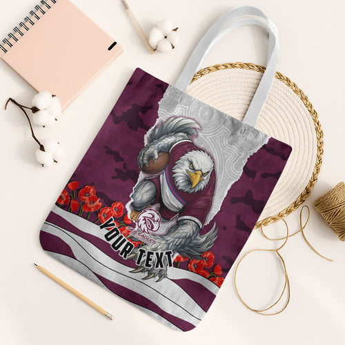 Personalized Sea Eagles ANZAC Tribute Tote Bag Poppy Field Soldier Silhouette Aboriginal Rugby Mascot