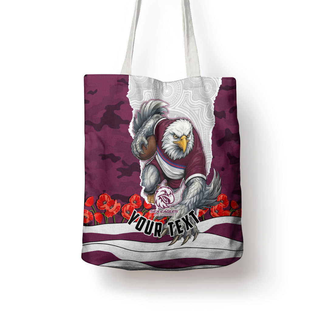 Personalized Sea Eagles ANZAC Tribute Tote Bag Poppy Field Soldier Silhouette Aboriginal Rugby Mascot