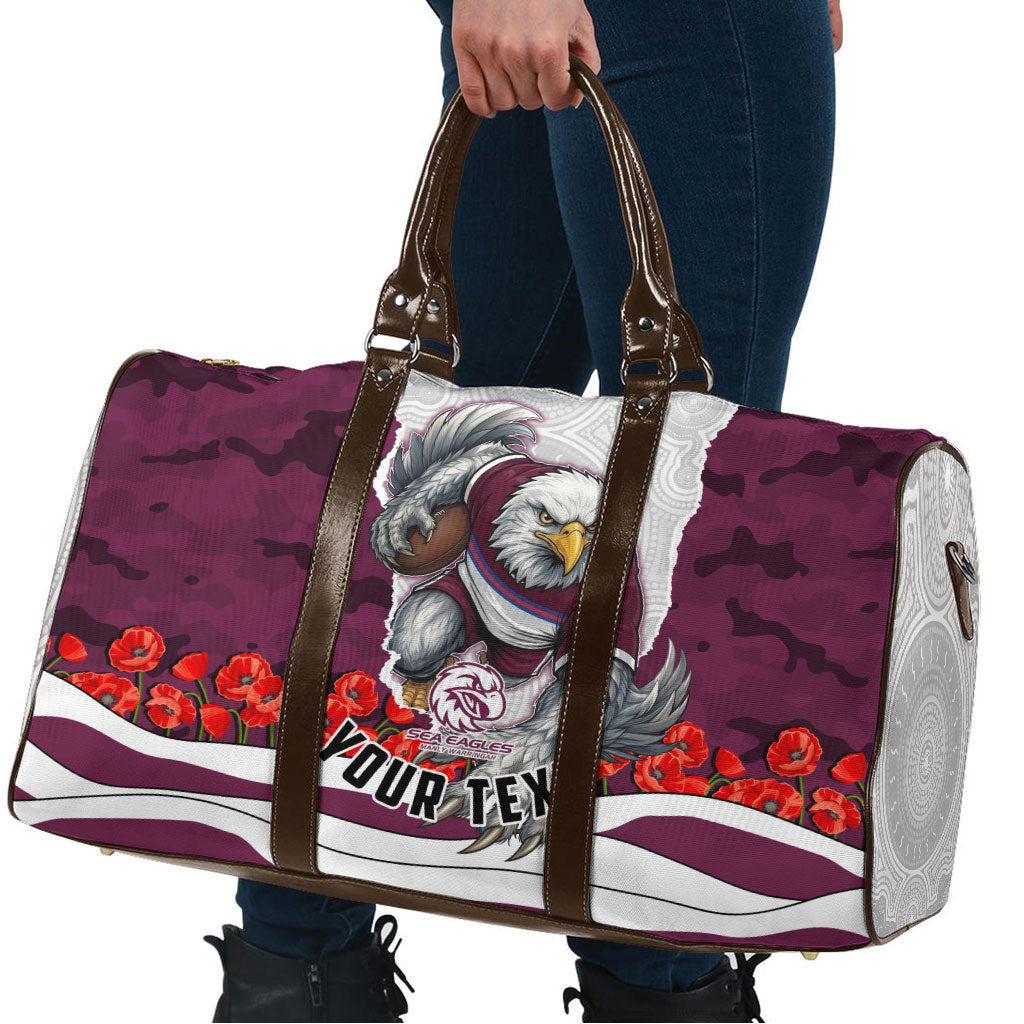 Personalized Sea Eagles ANZAC Tribute Travel Bag Poppy Field Soldier Silhouette Aboriginal Rugby Mascot