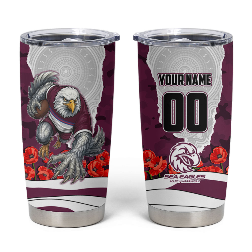 Personalized Sea Eagles ANZAC Tribute Tumbler Cup Poppy Field Soldier Silhouette Aboriginal Rugby Mascot