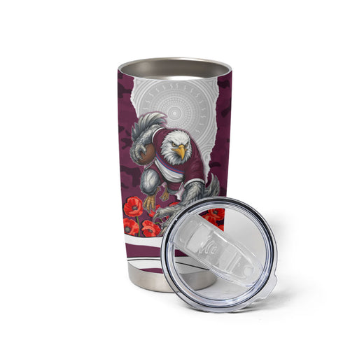 Personalized Sea Eagles ANZAC Tribute Tumbler Cup Poppy Field Soldier Silhouette Aboriginal Rugby Mascot