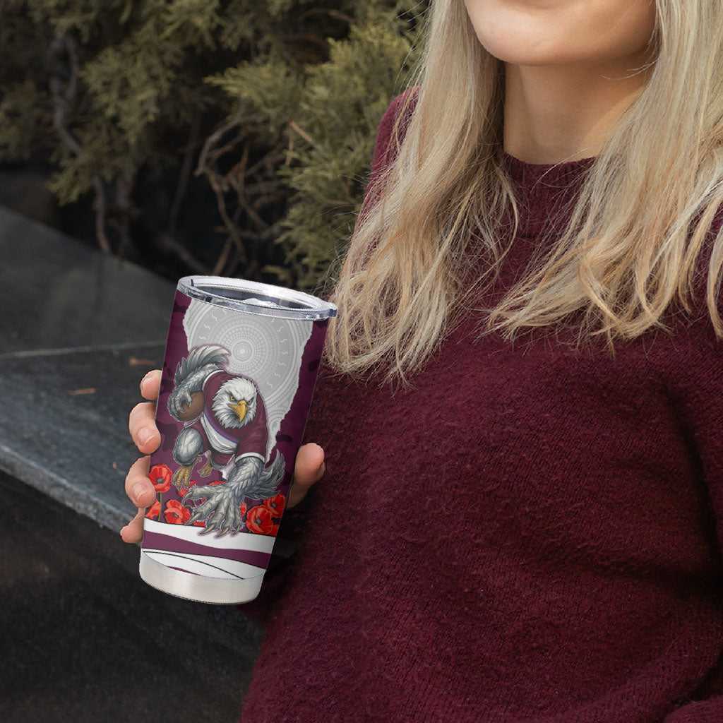 Personalized Sea Eagles ANZAC Tribute Tumbler Cup Poppy Field Soldier Silhouette Aboriginal Rugby Mascot