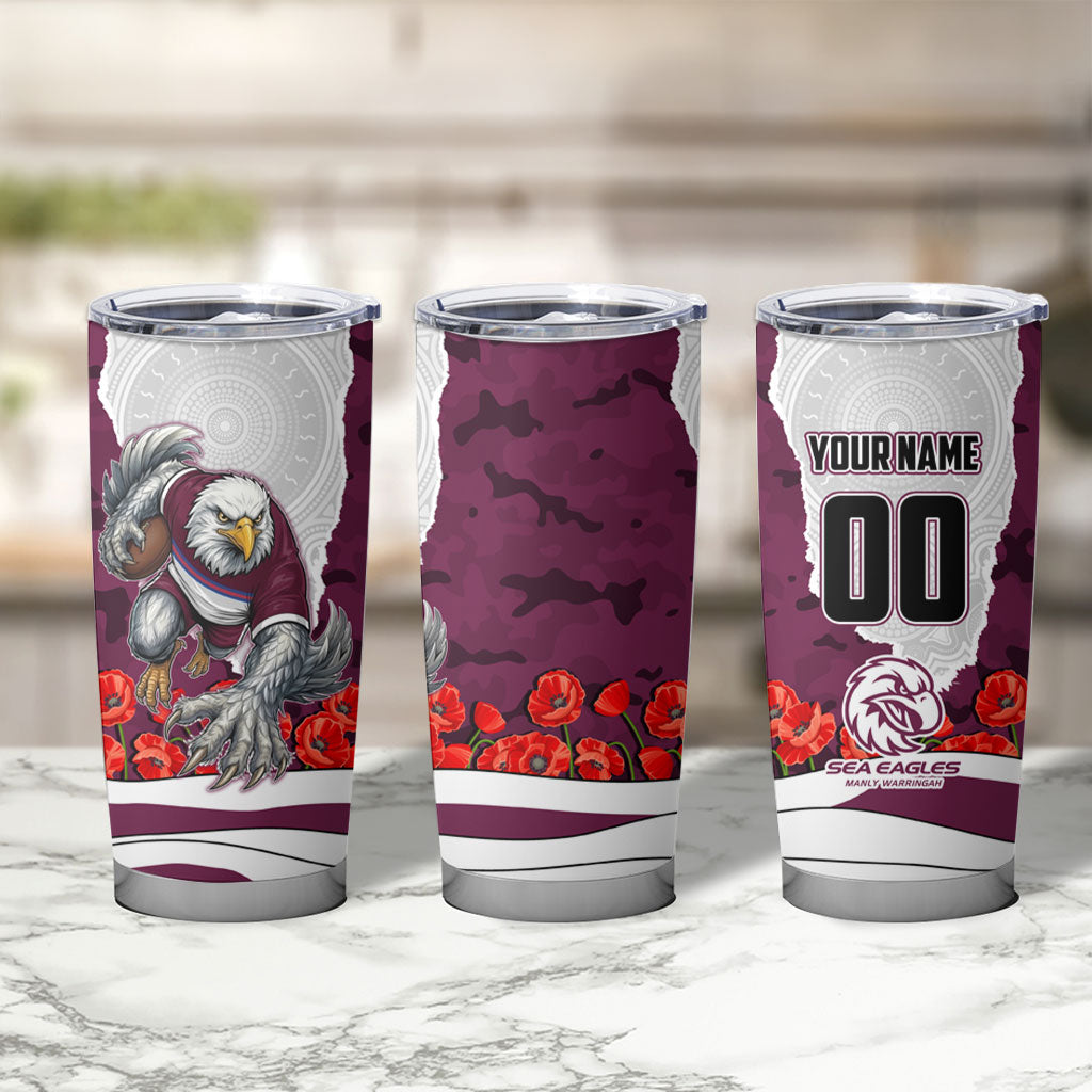 Personalized Sea Eagles ANZAC Tribute Tumbler Cup Poppy Field Soldier Silhouette Aboriginal Rugby Mascot