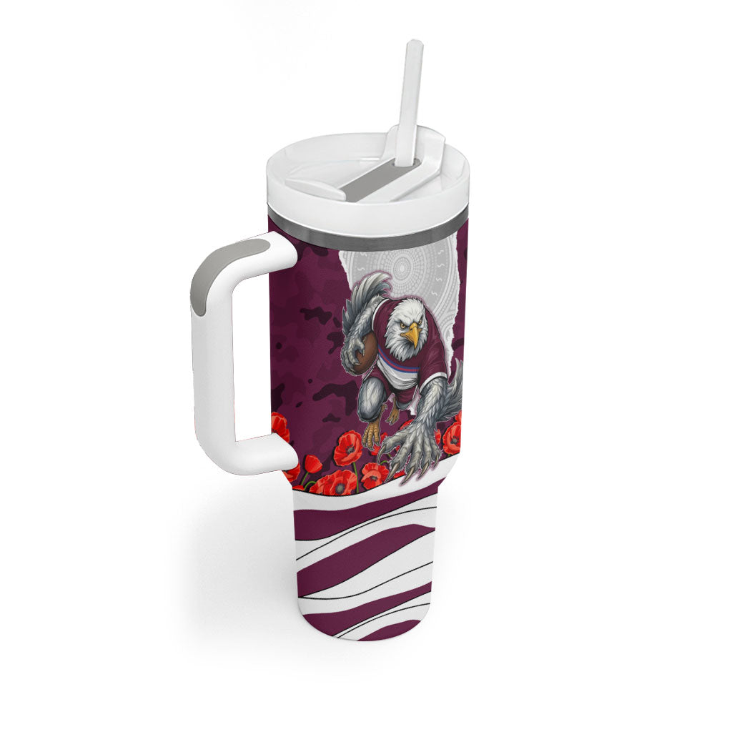 Personalized Sea Eagles ANZAC Tribute Tumbler With Handle Poppy Field Soldier Silhouette Aboriginal Rugby Mascot