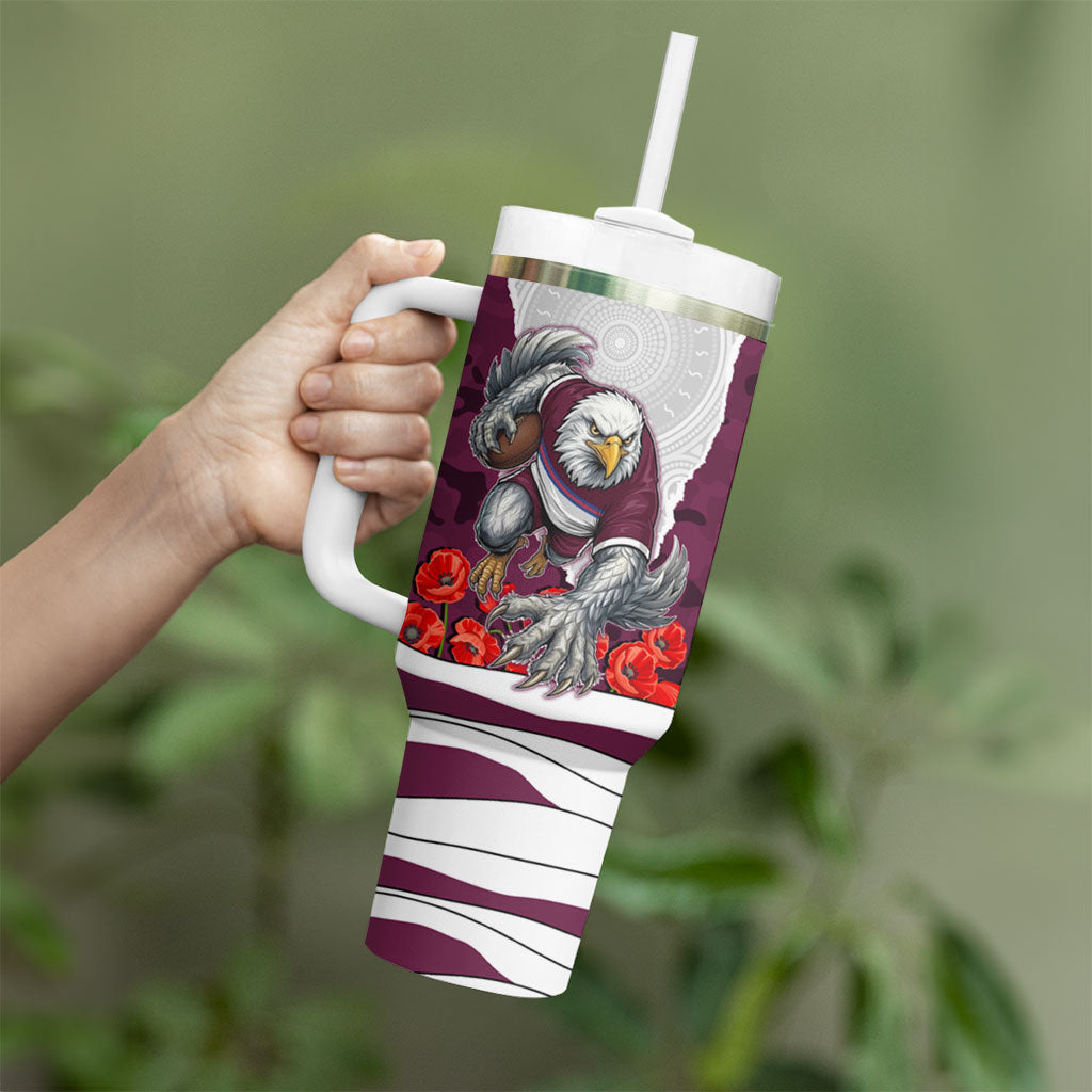 Personalized Sea Eagles ANZAC Tribute Tumbler With Handle Poppy Field Soldier Silhouette Aboriginal Rugby Mascot