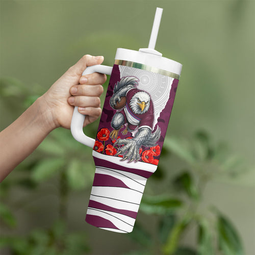 Personalized Sea Eagles ANZAC Tribute Tumbler With Handle Poppy Field Soldier Silhouette Aboriginal Rugby Mascot