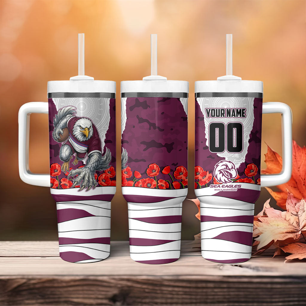 Personalized Sea Eagles ANZAC Tribute Tumbler With Handle Poppy Field Soldier Silhouette Aboriginal Rugby Mascot