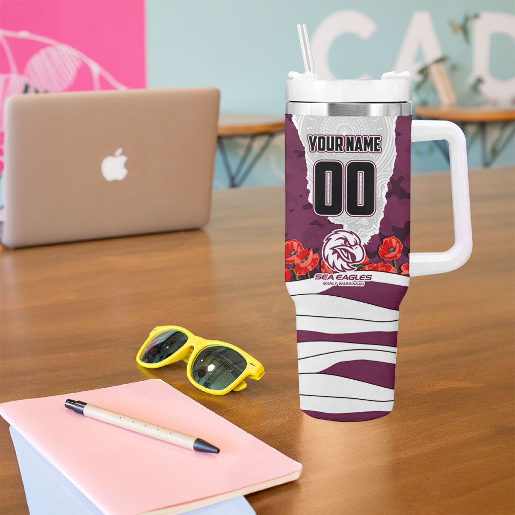 Personalized Sea Eagles ANZAC Tribute Tumbler With Handle Poppy Field Soldier Silhouette Aboriginal Rugby Mascot