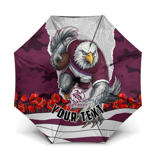 Personalized Sea Eagles ANZAC Tribute Umbrella Poppy Field Soldier Silhouette Aboriginal Rugby Mascot