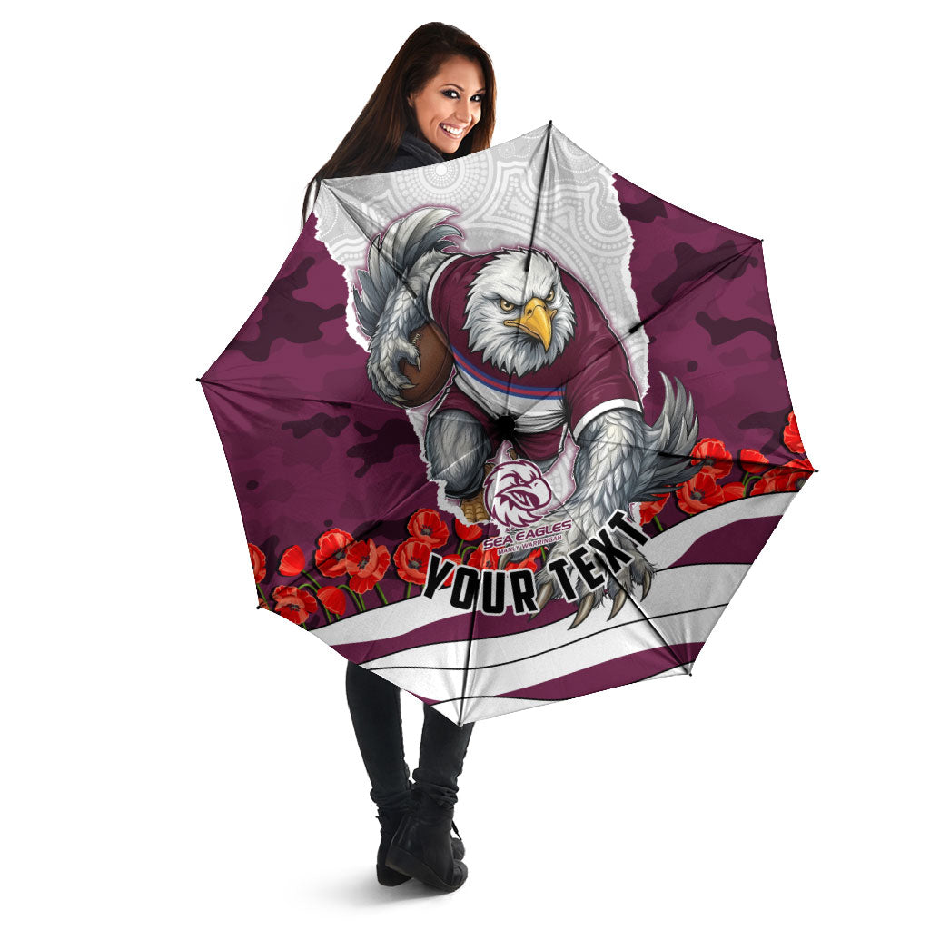 Personalized Sea Eagles ANZAC Tribute Umbrella Poppy Field Soldier Silhouette Aboriginal Rugby Mascot