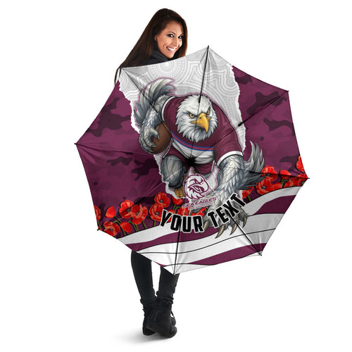 Personalized Sea Eagles ANZAC Tribute Umbrella Poppy Field Soldier Silhouette Aboriginal Rugby Mascot