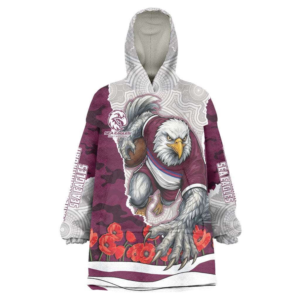 Personalized Sea Eagles ANZAC Tribute Wearable Blanket Hoodie Poppy Field Soldier Silhouette Aboriginal Rugby Mascot