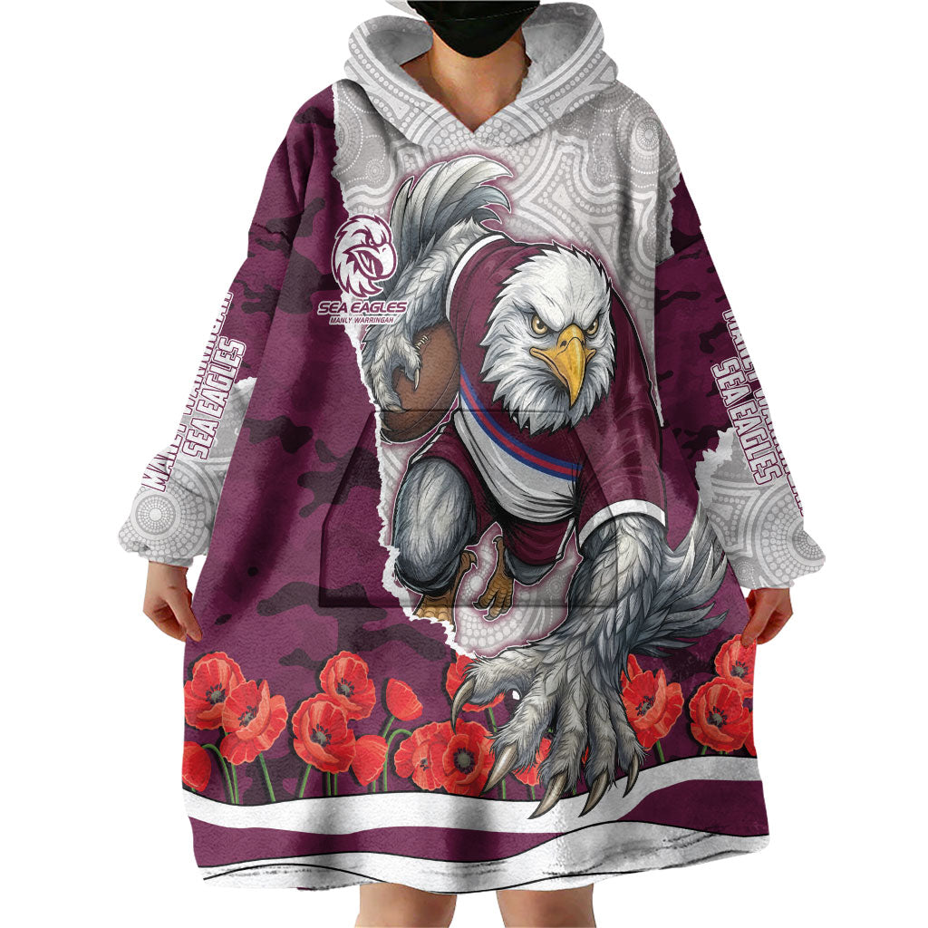 Personalized Sea Eagles ANZAC Tribute Wearable Blanket Hoodie Poppy Field Soldier Silhouette Aboriginal Rugby Mascot