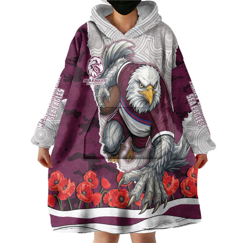 Personalized Sea Eagles ANZAC Tribute Wearable Blanket Hoodie Poppy Field Soldier Silhouette Aboriginal Rugby Mascot