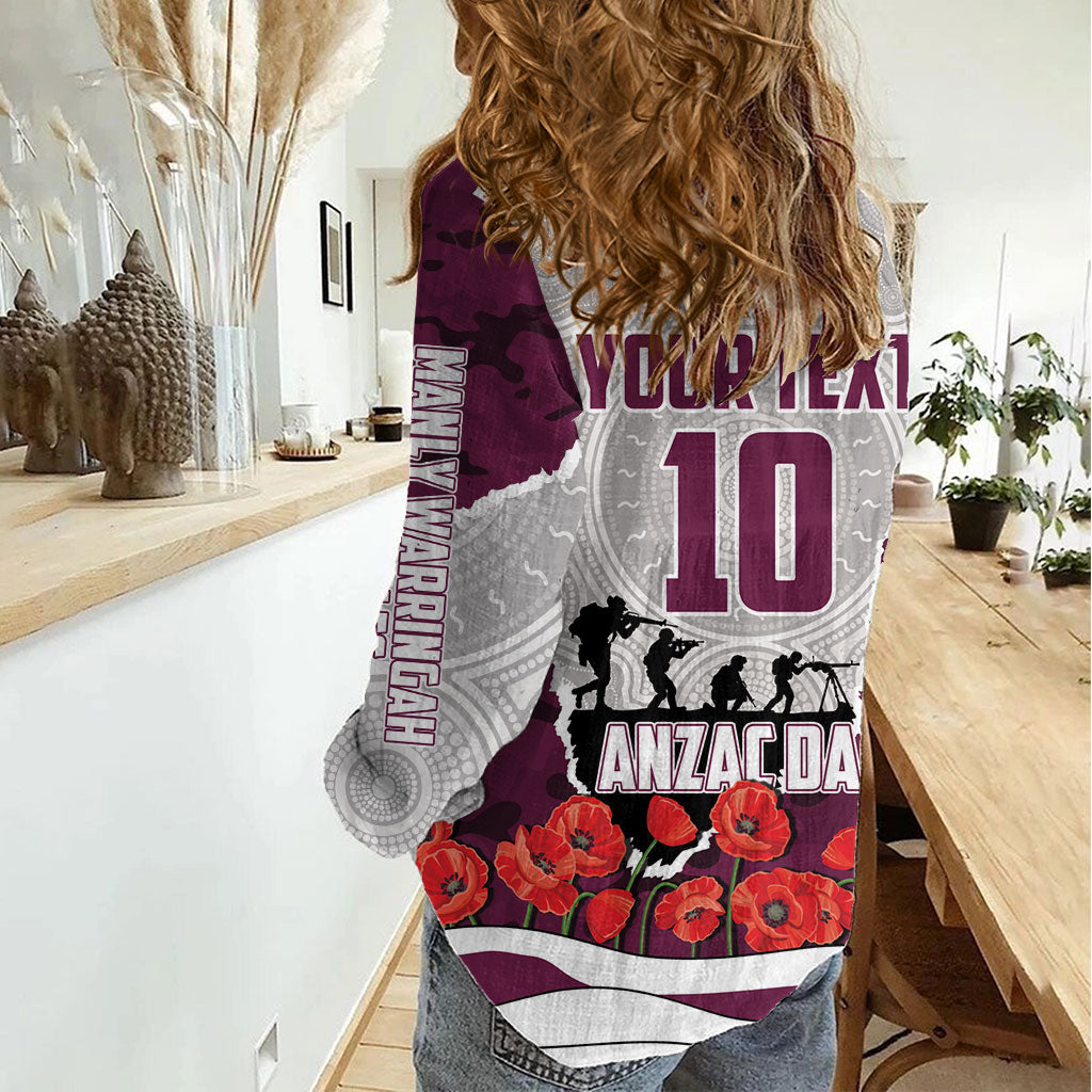 Personalized Sea Eagles ANZAC Tribute Women Casual Shirt Poppy Field Soldier Silhouette Aboriginal Rugby Mascot