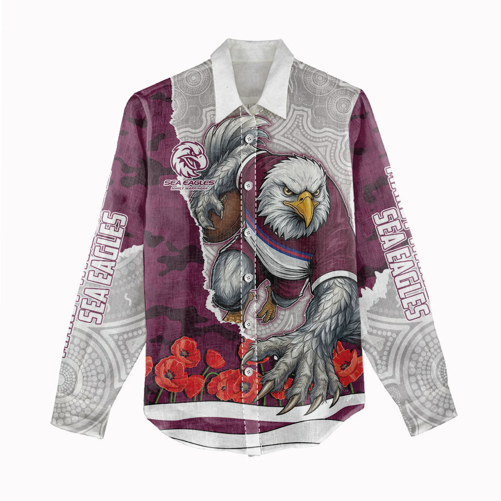 Personalized Sea Eagles ANZAC Tribute Women Casual Shirt Poppy Field Soldier Silhouette Aboriginal Rugby Mascot