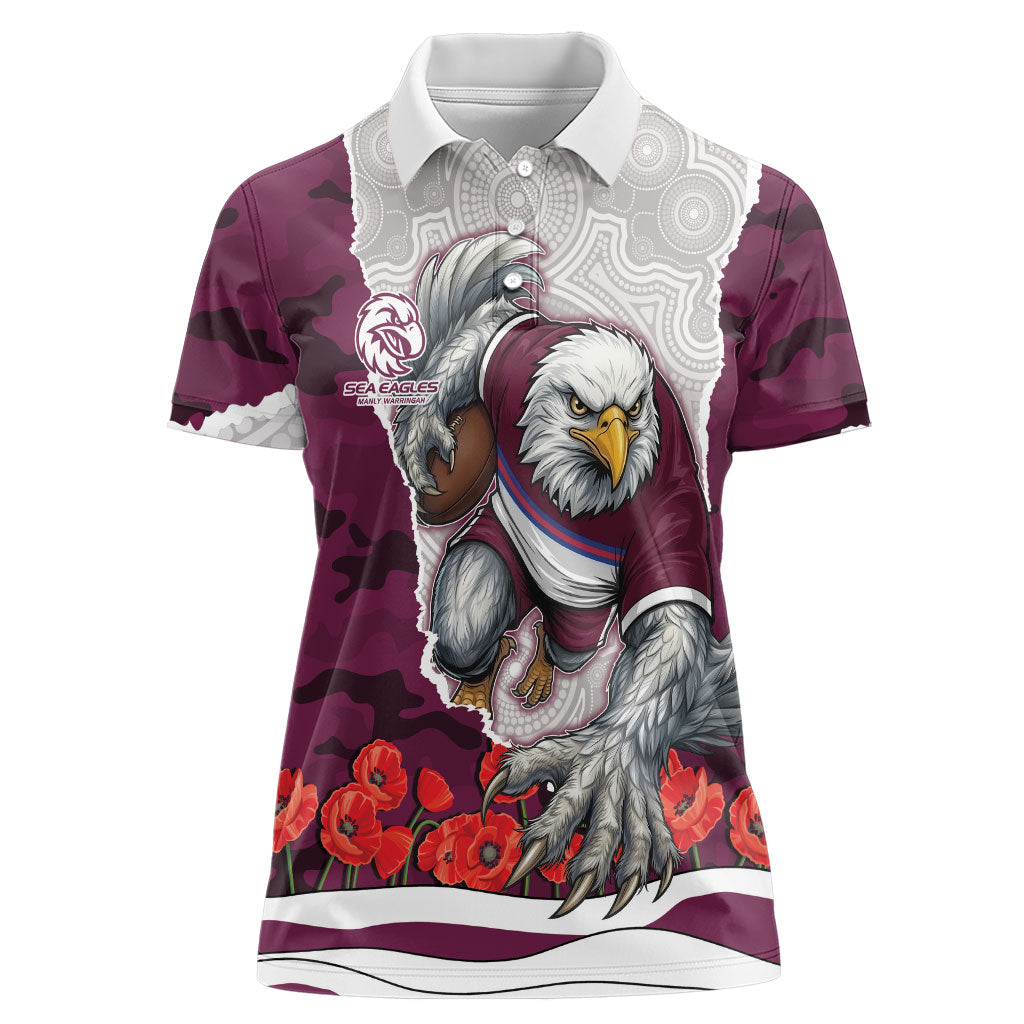 Personalized Sea Eagles ANZAC Tribute Women Polo Shirt Poppy Field Soldier Silhouette Aboriginal Rugby Mascot