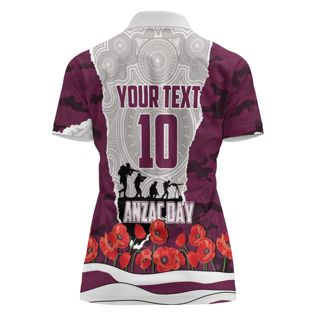 Personalized Sea Eagles ANZAC Tribute Women Polo Shirt Poppy Field Soldier Silhouette Aboriginal Rugby Mascot