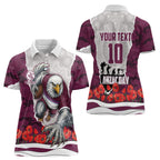 Personalized Sea Eagles ANZAC Tribute Women Polo Shirt Poppy Field Soldier Silhouette Aboriginal Rugby Mascot