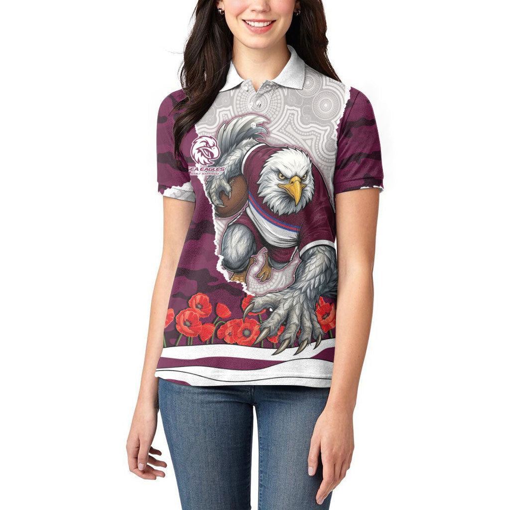 Personalized Sea Eagles ANZAC Tribute Women Polo Shirt Poppy Field Soldier Silhouette Aboriginal Rugby Mascot