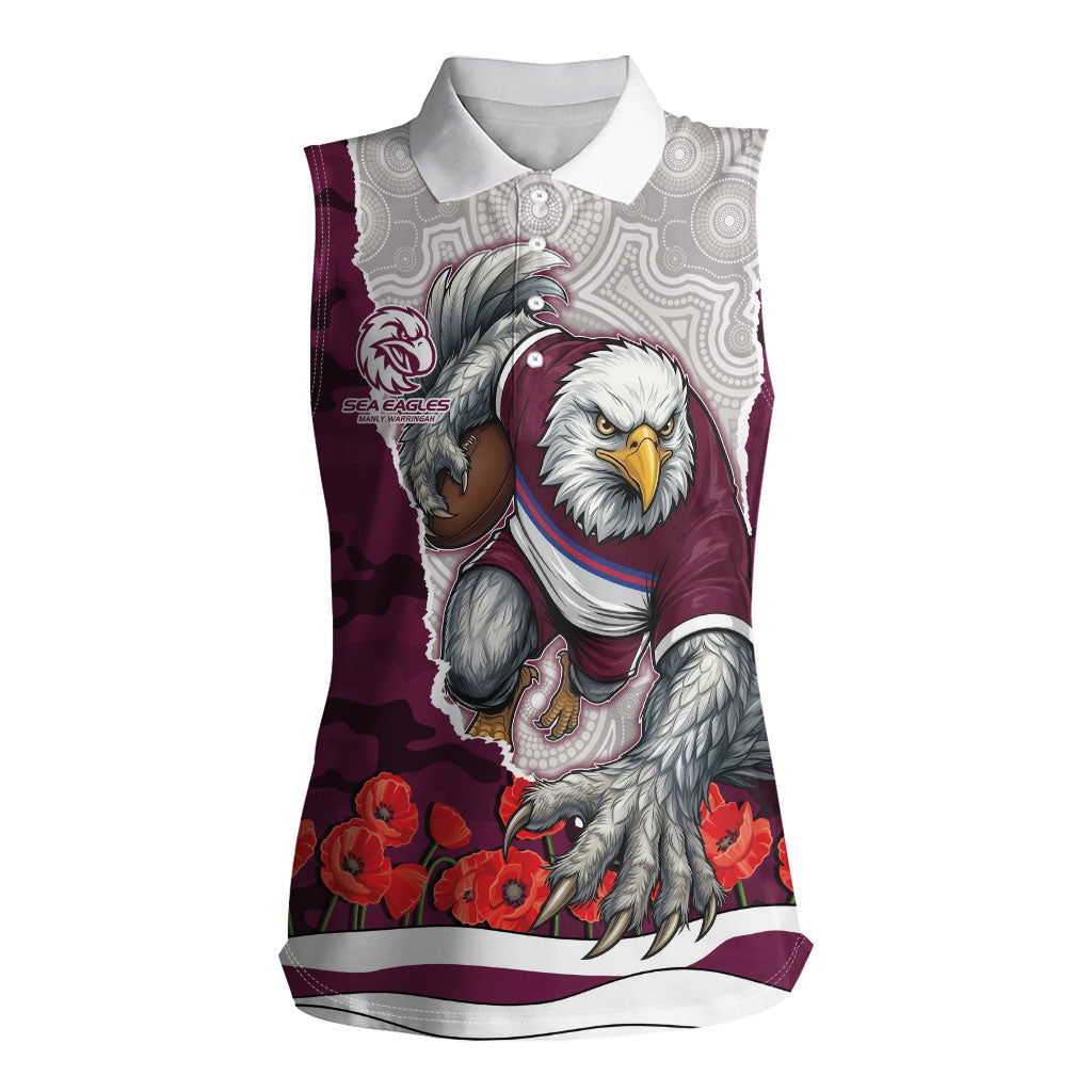 Personalized Sea Eagles ANZAC Tribute Women Sleeveless Polo Shirt Poppy Field Soldier Silhouette Aboriginal Rugby Mascot