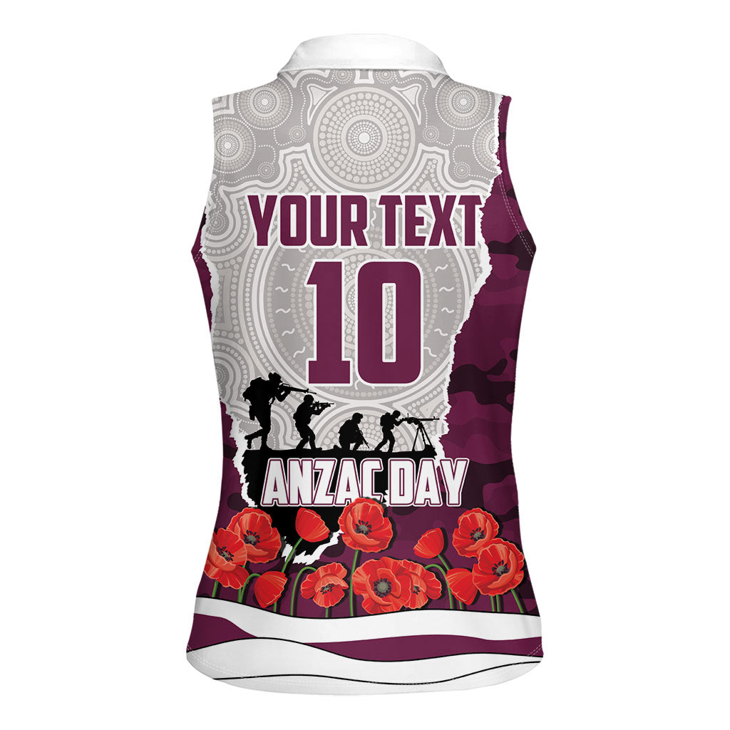 Personalized Sea Eagles ANZAC Tribute Women Sleeveless Polo Shirt Poppy Field Soldier Silhouette Aboriginal Rugby Mascot