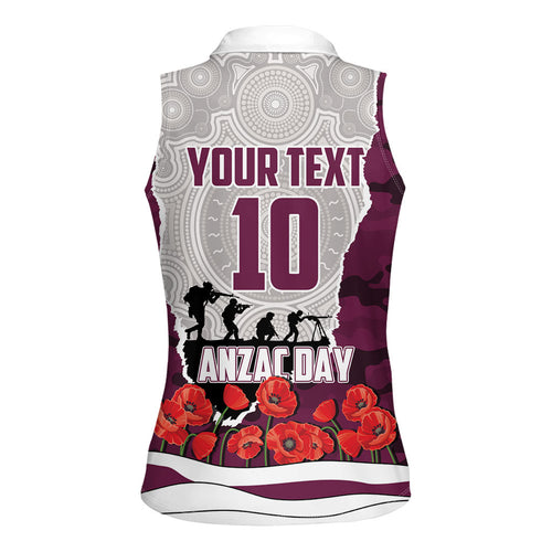 Personalized Sea Eagles ANZAC Tribute Women Sleeveless Polo Shirt Poppy Field Soldier Silhouette Aboriginal Rugby Mascot