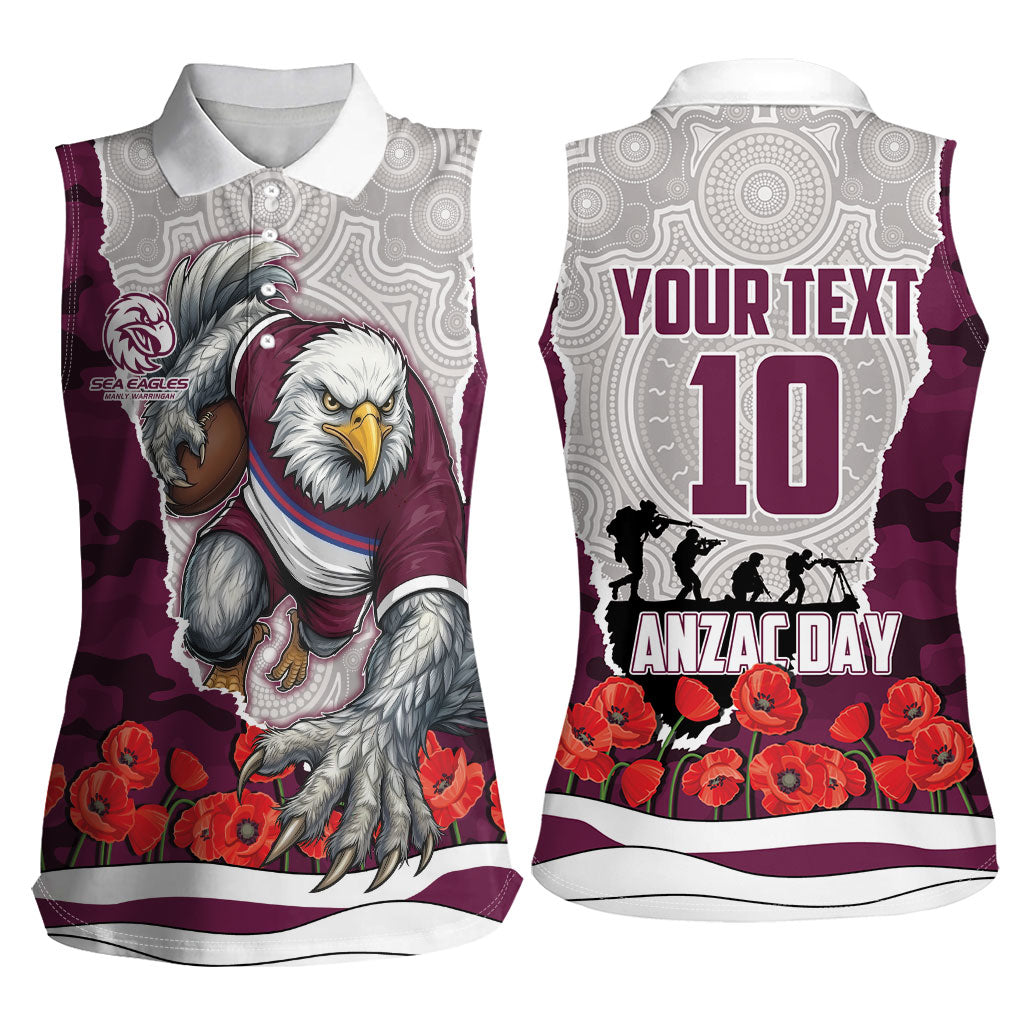Personalized Sea Eagles ANZAC Tribute Women Sleeveless Polo Shirt Poppy Field Soldier Silhouette Aboriginal Rugby Mascot