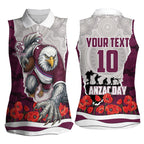 Personalized Sea Eagles ANZAC Tribute Women Sleeveless Polo Shirt Poppy Field Soldier Silhouette Aboriginal Rugby Mascot