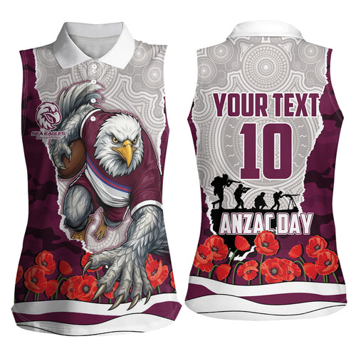 Personalized Sea Eagles ANZAC Tribute Women Sleeveless Polo Shirt Poppy Field Soldier Silhouette Aboriginal Rugby Mascot