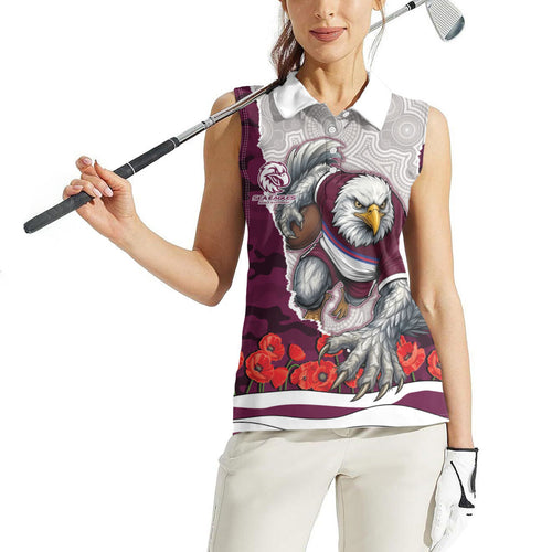 Personalized Sea Eagles ANZAC Tribute Women Sleeveless Polo Shirt Poppy Field Soldier Silhouette Aboriginal Rugby Mascot