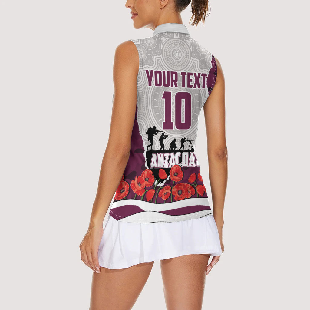 Personalized Sea Eagles ANZAC Tribute Women Sleeveless Polo Shirt Poppy Field Soldier Silhouette Aboriginal Rugby Mascot