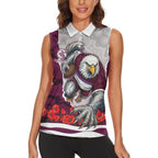 Personalized Sea Eagles ANZAC Tribute Women Sleeveless Polo Shirt Poppy Field Soldier Silhouette Aboriginal Rugby Mascot