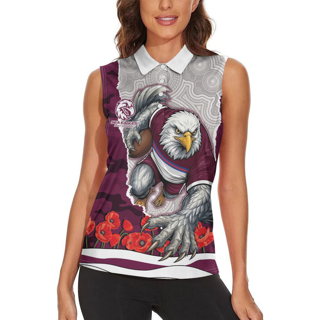 Personalized Sea Eagles ANZAC Tribute Women Sleeveless Polo Shirt Poppy Field Soldier Silhouette Aboriginal Rugby Mascot