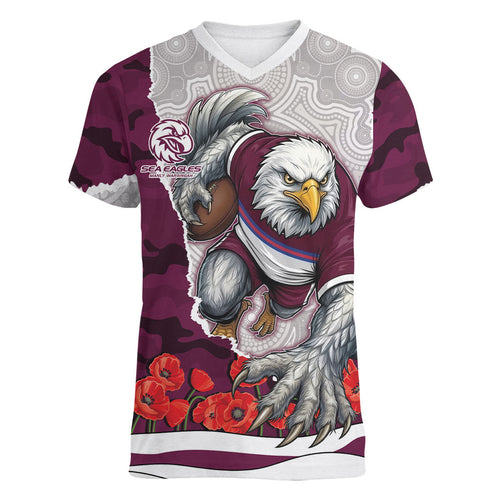 Personalized Sea Eagles ANZAC Tribute Women V-Neck T-Shirt Poppy Field Soldier Silhouette Aboriginal Rugby Mascot