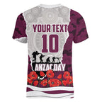 Personalized Sea Eagles ANZAC Tribute Women V-Neck T-Shirt Poppy Field Soldier Silhouette Aboriginal Rugby Mascot
