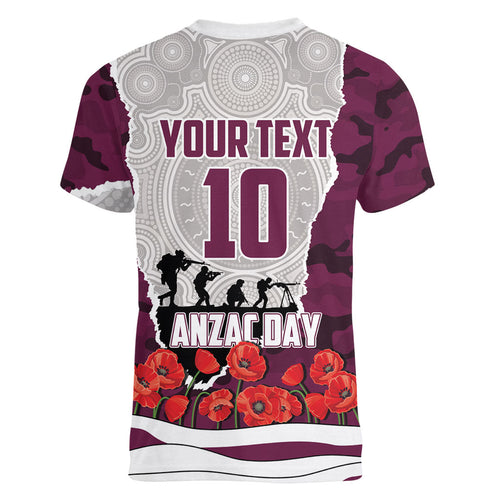 Personalized Sea Eagles ANZAC Tribute Women V-Neck T-Shirt Poppy Field Soldier Silhouette Aboriginal Rugby Mascot