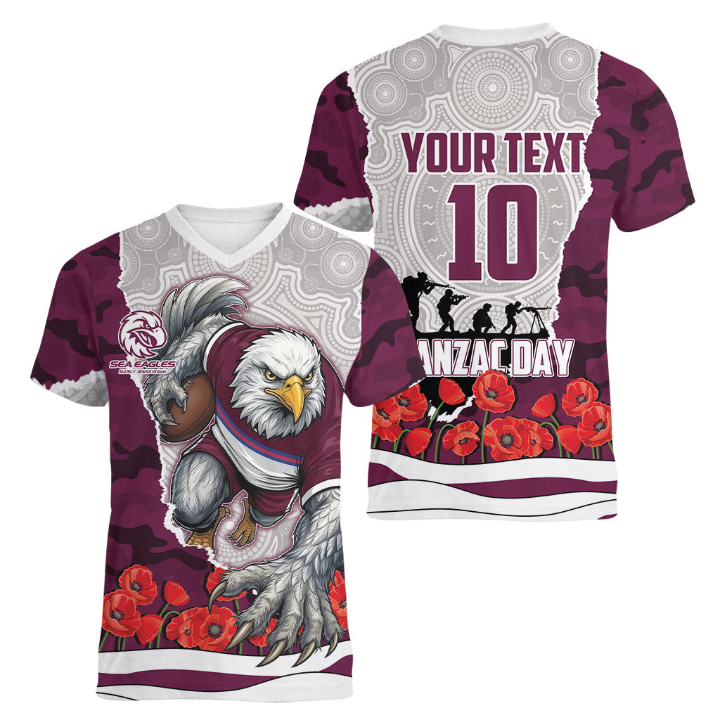 Personalized Sea Eagles ANZAC Tribute Women V-Neck T-Shirt Poppy Field Soldier Silhouette Aboriginal Rugby Mascot