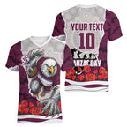 Personalized Sea Eagles ANZAC Tribute Women V-Neck T-Shirt Poppy Field Soldier Silhouette Aboriginal Rugby Mascot