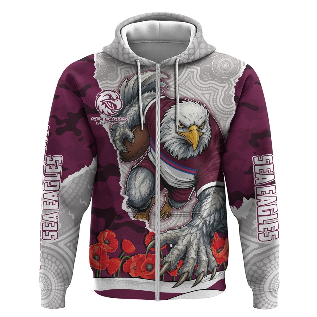Personalized Sea Eagles ANZAC Tribute Zip Hoodie Poppy Field Soldier Silhouette Aboriginal Rugby Mascot