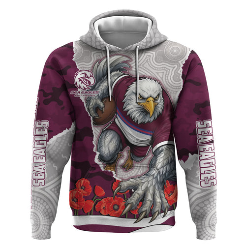 Personalized Sea Eagles ANZAC Tribute Zip Hoodie Poppy Field Soldier Silhouette Aboriginal Rugby Mascot